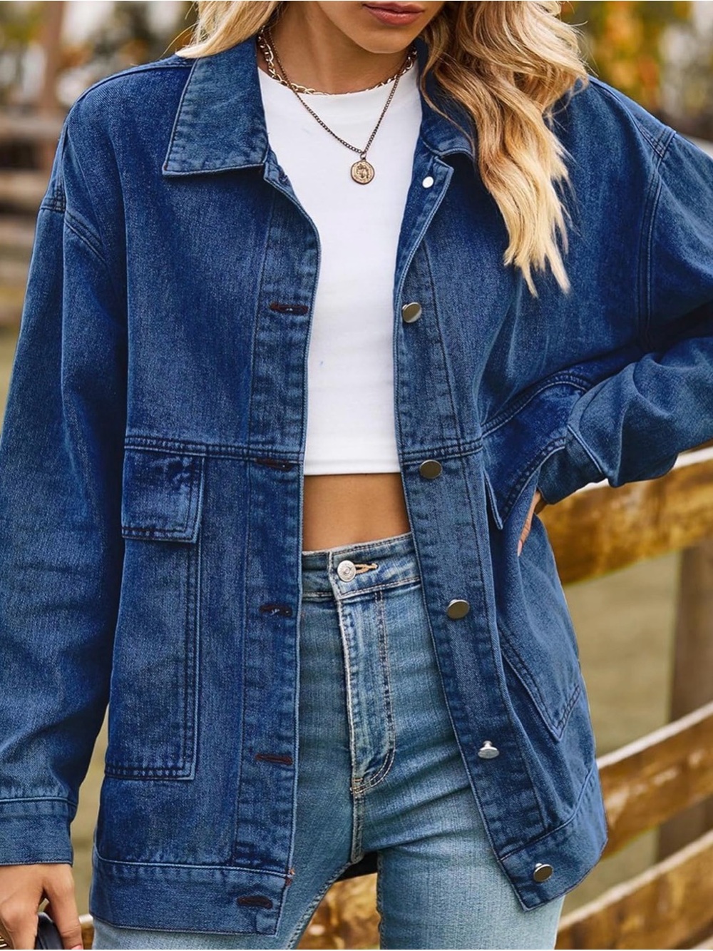 Dark Blue Denim Chore Jacket - Oversized Pocket Front